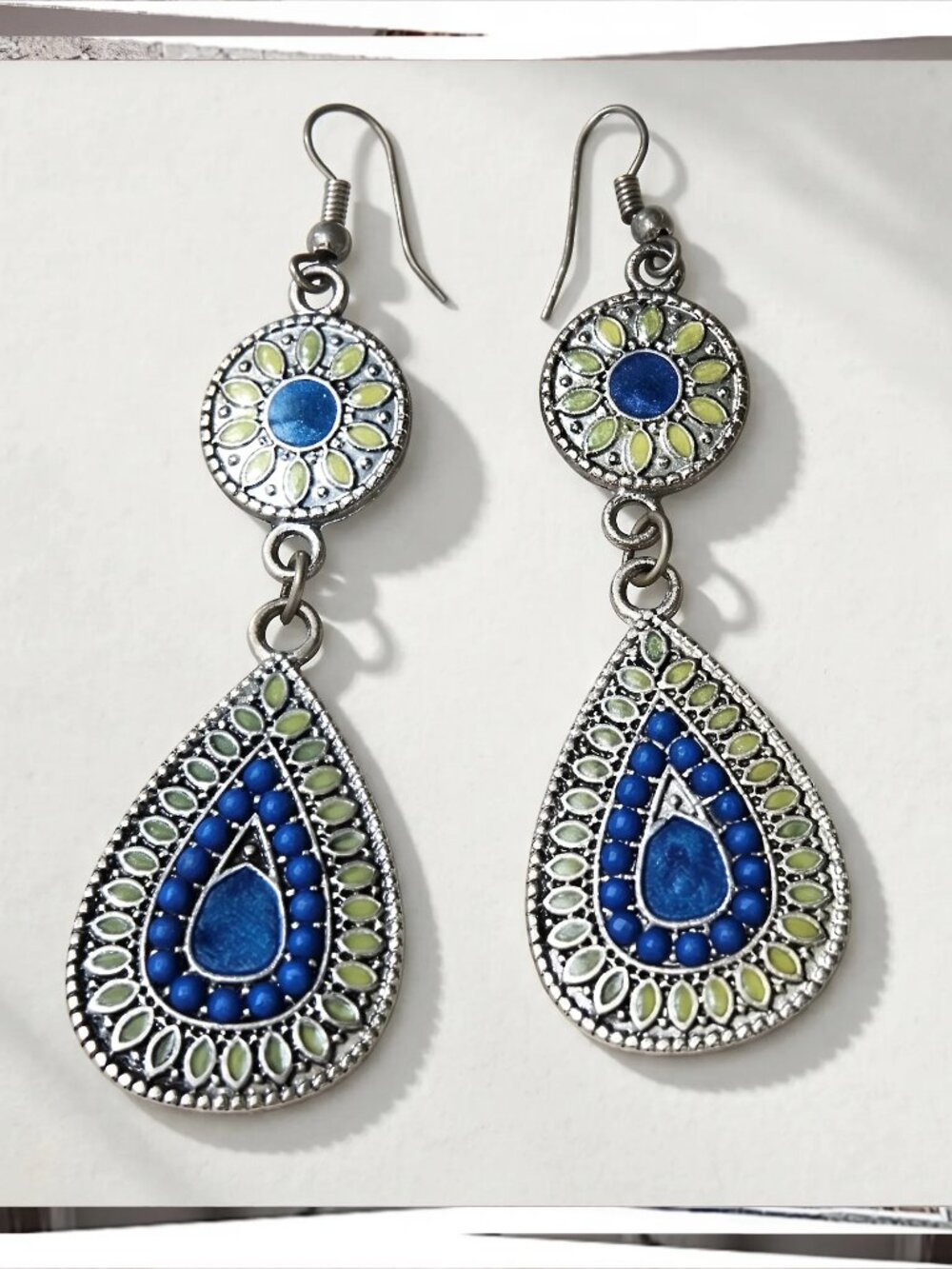 2.5" Long Circle + Teardrop Silver Earrings w Green & Blue Stones
